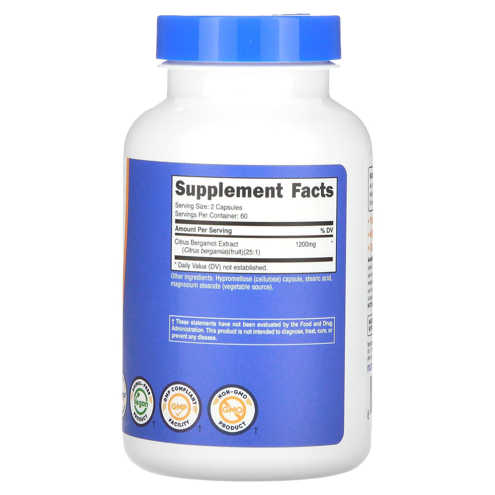 Nutricost, Цитрусовый бергамот, 120 капсул (600 мг в каждой капсуле)