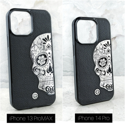 Примиальный чехол iphone с черепом Mexican Calavera Euphoria HM Premium - натуральная кожа, металл для iPhone 14 pro
