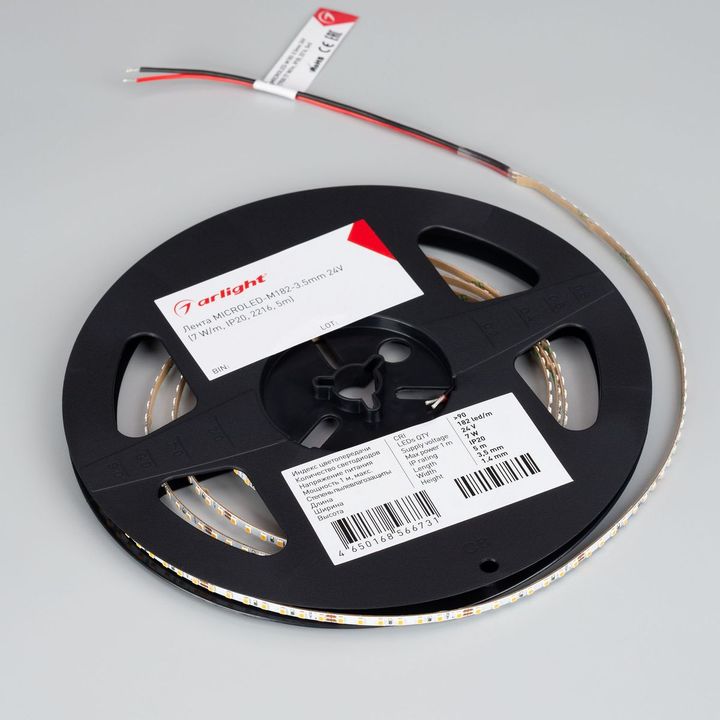 Светодиодная лента Arlight 7W/m 182Led/m 2216SMD холодный белый 5M MICROLED-M182-3.5mm 24V White6000 045007