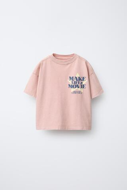 ZARA ФУТБОЛКА С ЭФФЕКТОМ ПОТЕРТОСТИ И НАДПИСЬЮ, РОЗОВАТЫЙ