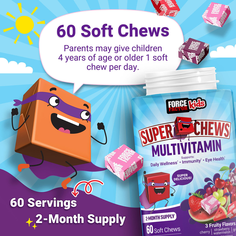 Force Factor, Kids, Super Chews, мультивитамины, вишня, клубника, арбуз, виноград, 60 жевательных таблеток