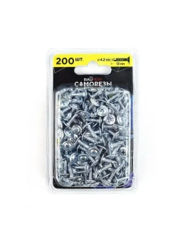 Саморез 4,2x13 по металлу 2,0 мм с буром BAUHOW, оцинкованный 200шт в блистере