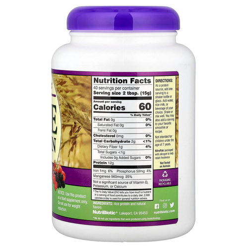 NutriBiotic, порошок из рисового протеина, ягодный вкус, 600 г (1 фунт, 5,16 унции)