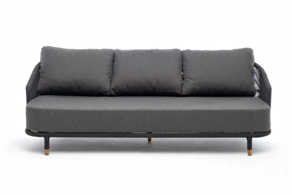 "Верона" диван 3-местный плетеный из роупа, каркас алюминий темно-серый (RAL7024) муар, роуп темно-серый круглый, ткань темно-серая 027