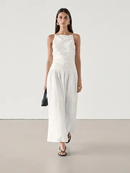 Massimo Dutti Платье миди в тонкую полоску со сборками, натуральный, кремовый