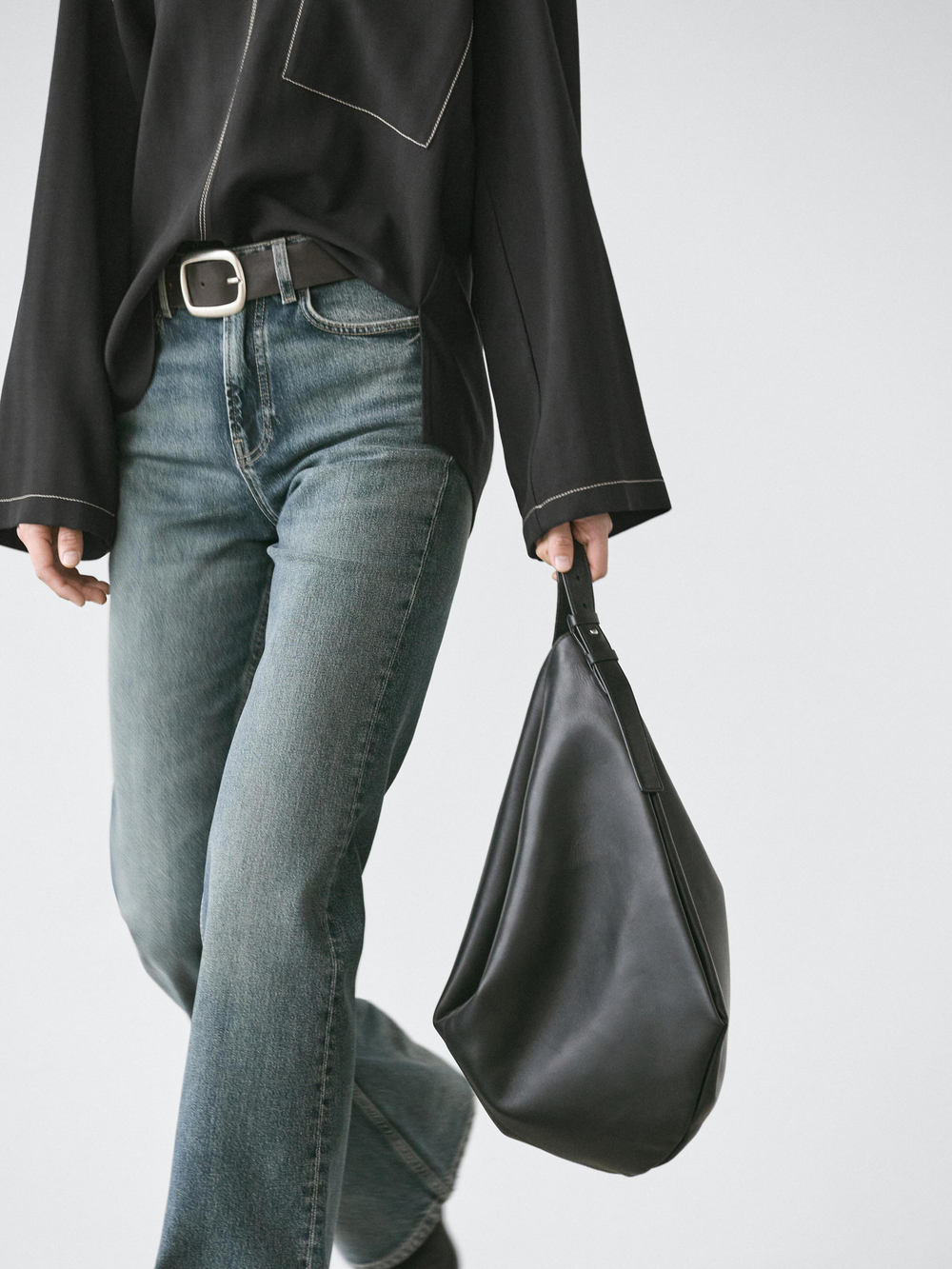 Massimo Dutti Рубашка из струящейся смесовой шерсти с карманом, черный