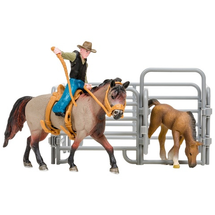 Игрушки фигурки в наборе серии "На ферме", 4 предмета: Американская лошадь и жеребенок, наездник, ограждение-загон