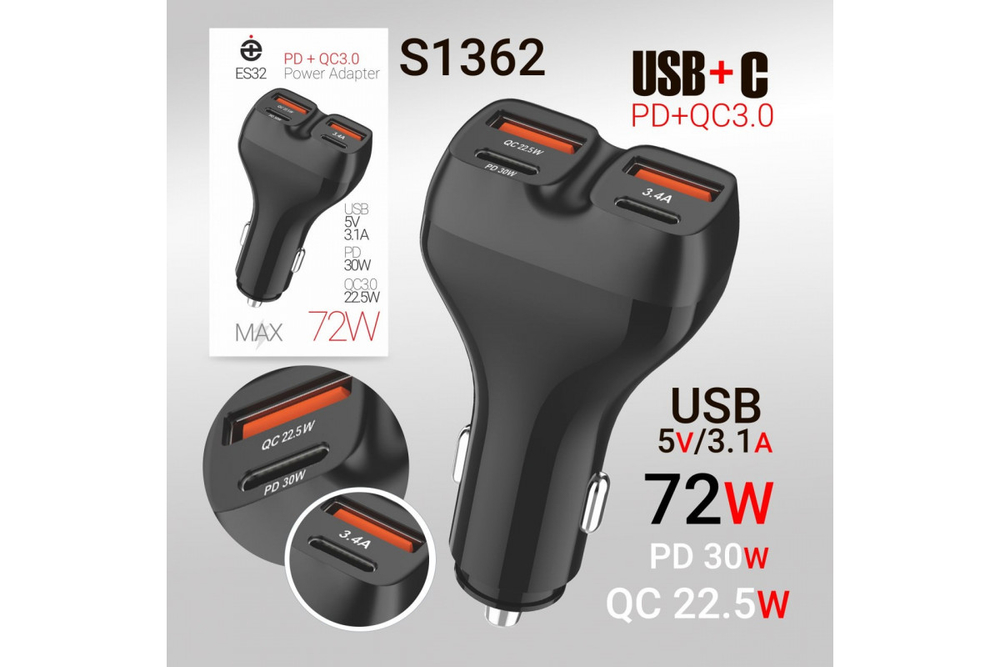 Автомобильный адаптер питания DEESPI ES32 2USB QC3.0 + 2 PD30W 72W (черный)