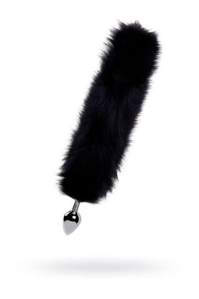 Большая серебристая металлическая анальная втулка с черным лисьим хвостом (Цвет: черный)