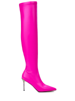 Женские ботфорты из кожи фуксия на молнии с тонкой шпилькой со стразами