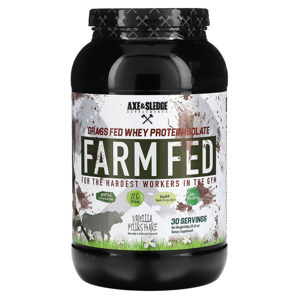 Axe & Sledge Supplements, Farm откорма, изолят сывороточного протеина травяного откорма, со вкусом ванильного молочного коктейля, 840 г (29,63 унции)