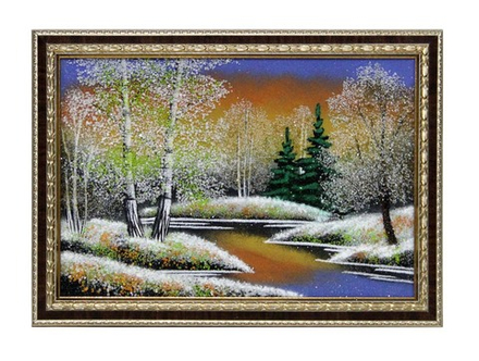 Картина№3 " Весенний закат" рисованная камнем в пластиковом багете 33-23см