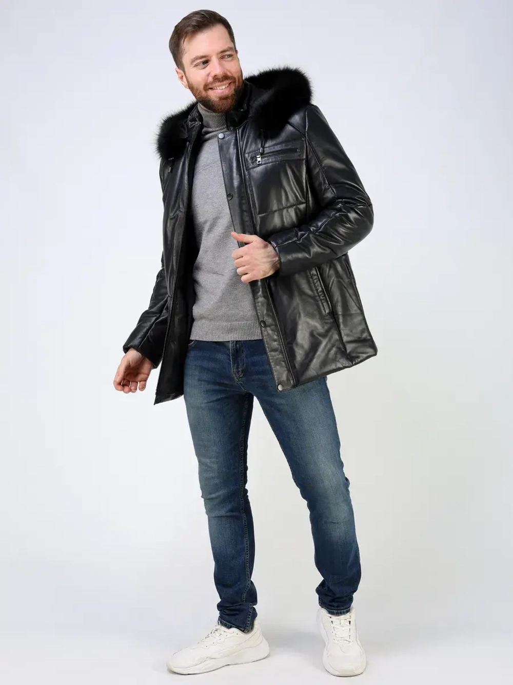 Куртка зимняя кожаная с капюшоном пуховик