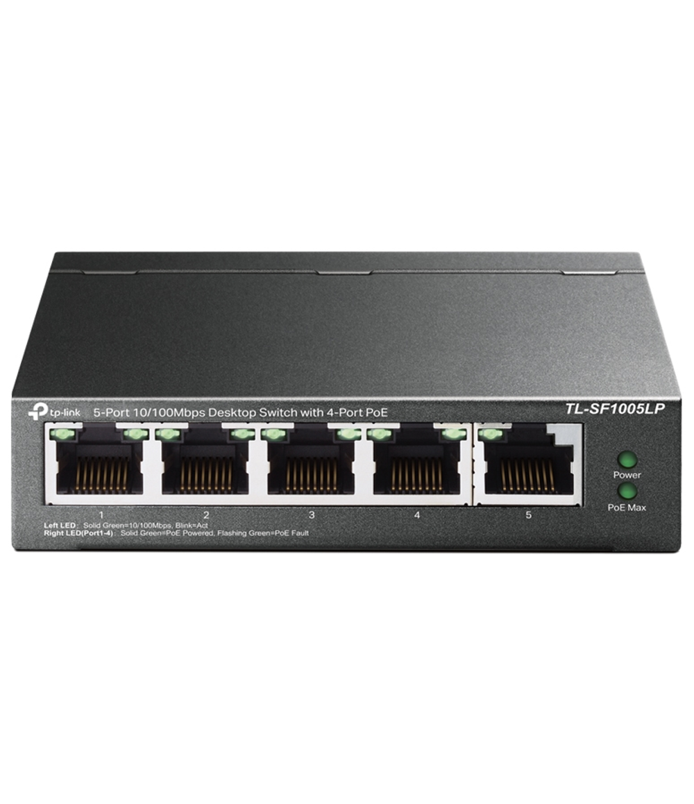 TP-Link TL-SF1005LP, 5-портовый 10/100 Мбит/с неуправляемый коммутатор с 4 портами PoE, металлический корпус, бюджет PoE — 41 Вт.