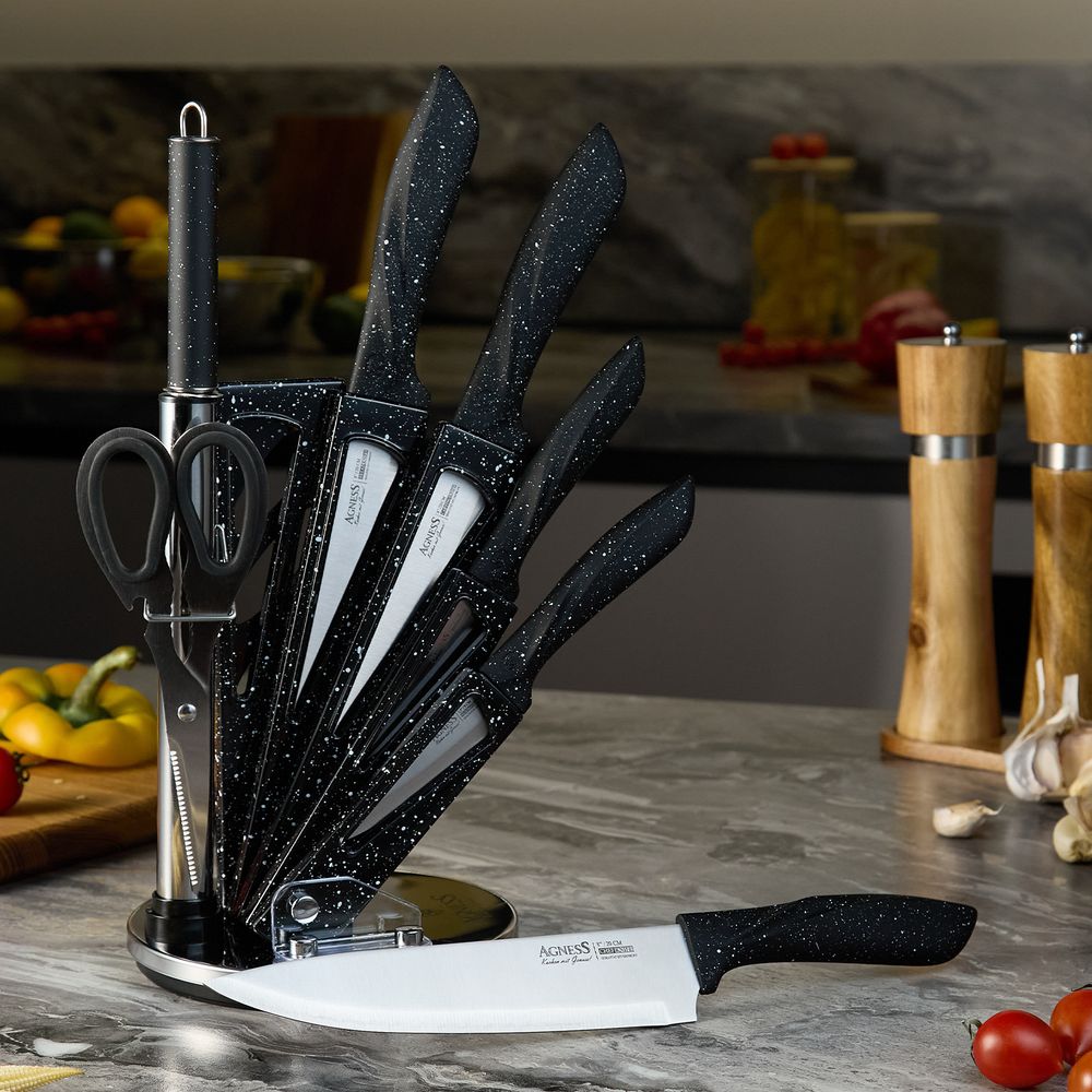 НАБОР НОЖЕЙ AGNESS С НОЖНИЦАМИ И МУСАТОМ НА ПЛАСТИКОВОЙ ПОДСТАВКЕ, 8 ПРЕДМЕТОВ