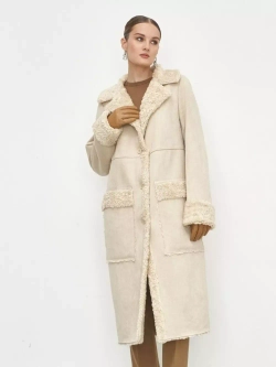 Эко дубленка женская длинная из искусственного меха, бежевая, SilverFox