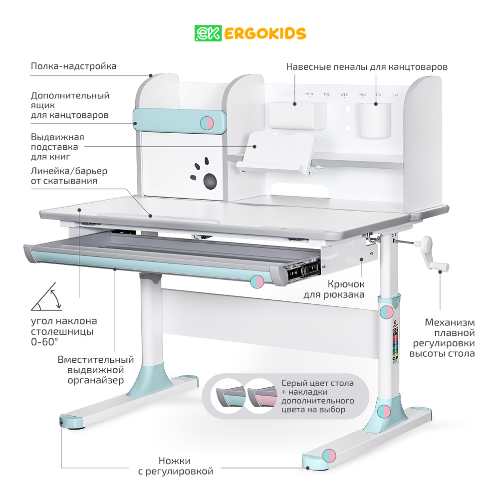 Письменный стол для школьников Ergokids Edmonton с полкой надстройкой