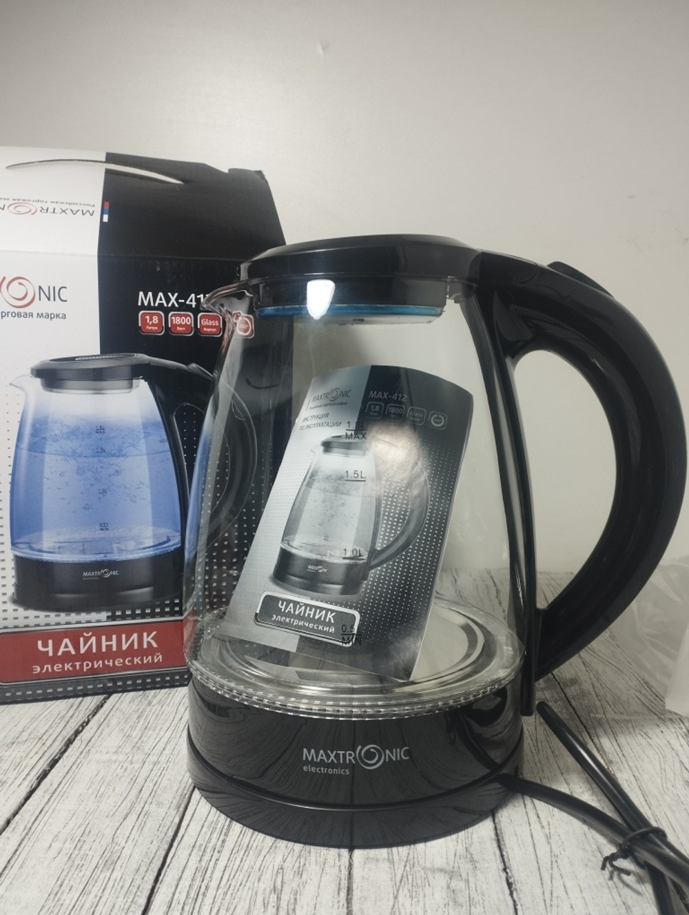 Чайник 1,8л стекл черн пластик LEDMaxtronic 1800Вт 412 MAX