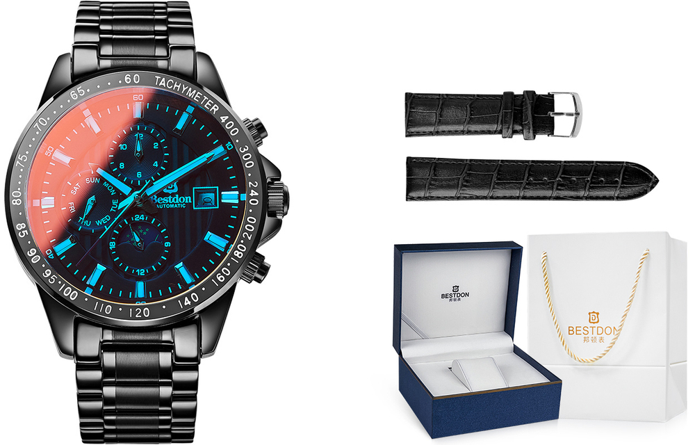 Bestdon Automatic Mechanical Movement Stainless Steel Watchband Watch Men"s Watches Black Dial