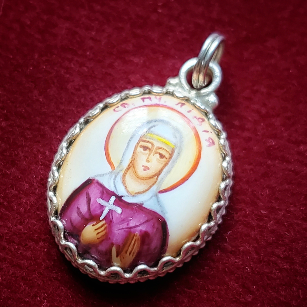 Икона с финифтью святая Лидия кулон ручная роспись