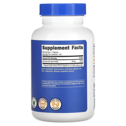 Nutricost, глюконат цинка, 50 мг, 120 капсул