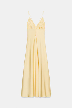 ZARA АТЛАСНОЕ ПЛАТЬЕ МИДИ СО СБОРКАМИ, СВЕТЛО-ЖЕЛТЫЙ
