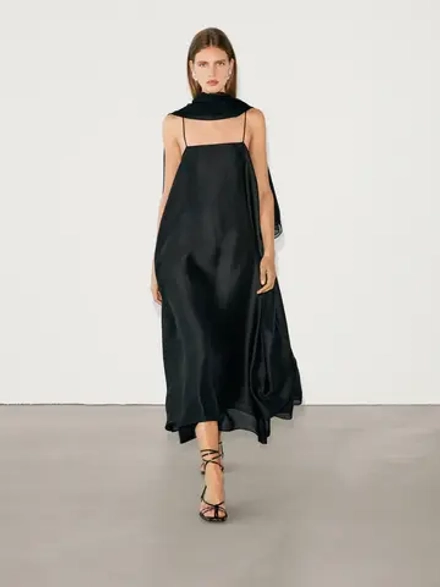 Massimo Dutti Платье миди из ткани рами на бретелях, черный
