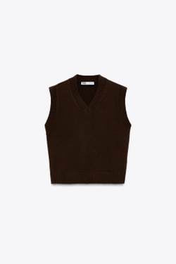 ZARA ОДНОТОННЫЙ ТРИКОТАЖНЫЙ ЖИЛЕТ, ТЕМНО-КОРИЧНЕВЫЙ