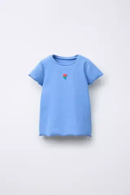 ZARA ФУТБОЛКА В РУБЧИК С ВЫШИВКОЙ, ЯРКО-СИНИЙ