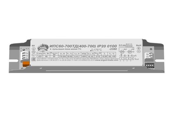 Драйвер Аргос ИПС60-700ТД 60W 27-85V защита 380V 400-700mA 0105 202*40*28
