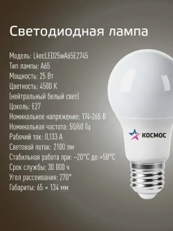 Лампочка светодиодная Е27 25 ВТ дневной свет 2 шт