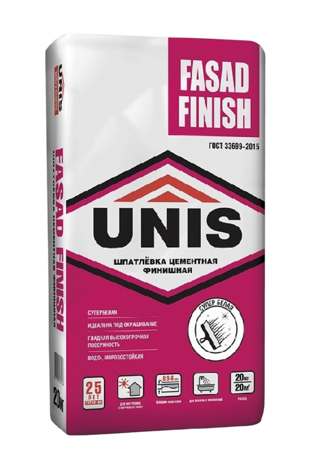 Шпатлевка UNIS FASAD FINISH цементная супербелая финишная   20 кг