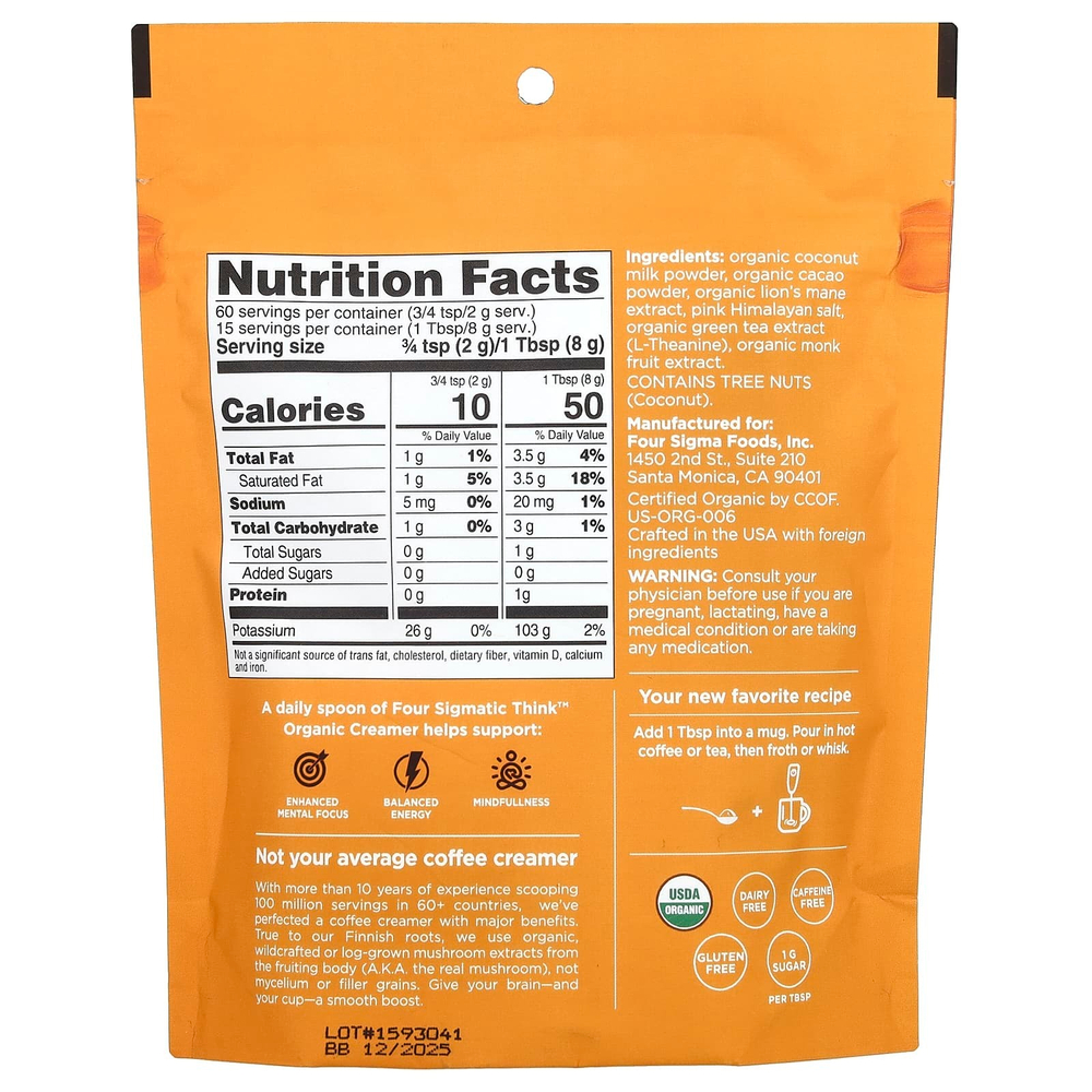 Four Sigmatic, Think Organic Creamer, без молочных продуктов, какао и кокос, 120 г (4,23 унции)