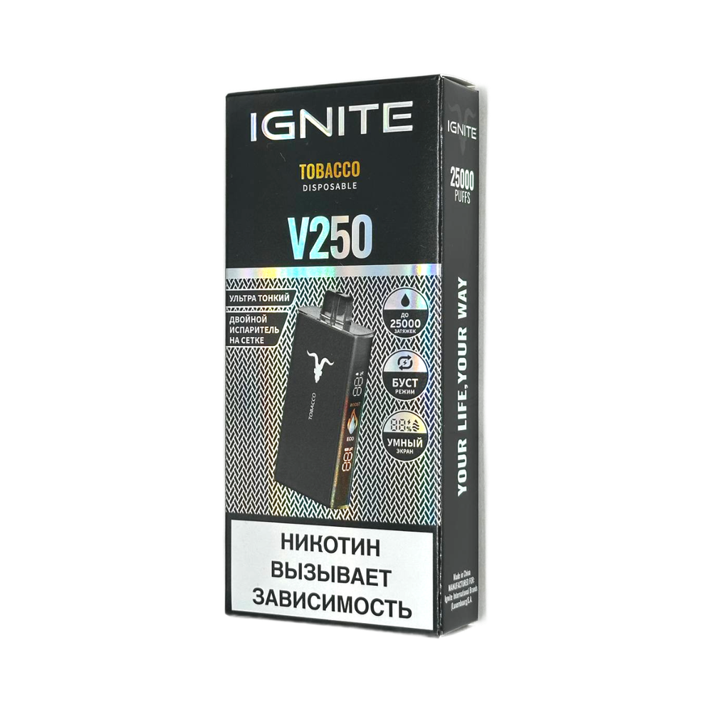 Ignite V250 Black Табак (Tobacco) 25000 затяжек 20мг Hard (2% Hard)