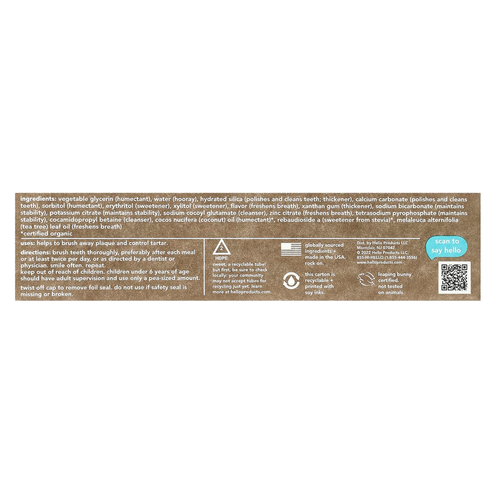 Hello, отбеливающая зубная паста без фторида против зубного налета, натуральная перечная мята, 133 г (4,7 унции)