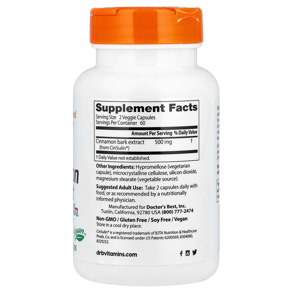 Doctor's Best, Экстракт корицы с CinSulin®, 120 вегетарианских капсул (250 мг на капсулу)