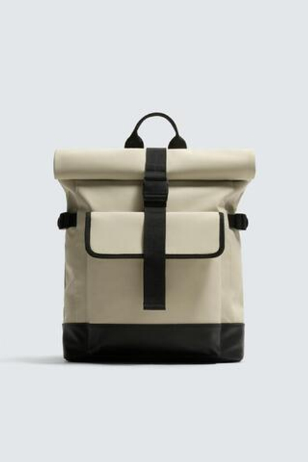 ZARA ПРОРЕЗИНЕННЫЙ РЮКЗАК С КЛАПАНОМ, КОСТЯНОЙ БЕЛЫЙ