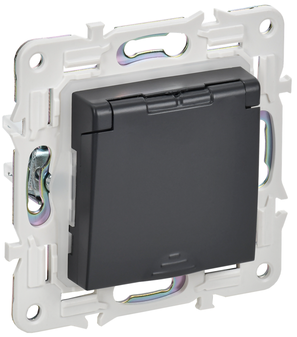 SKANDY Розетка 1-местная с заземлением с защитными шторками и крышкой 16А IP44 SK-R11T титан IEK