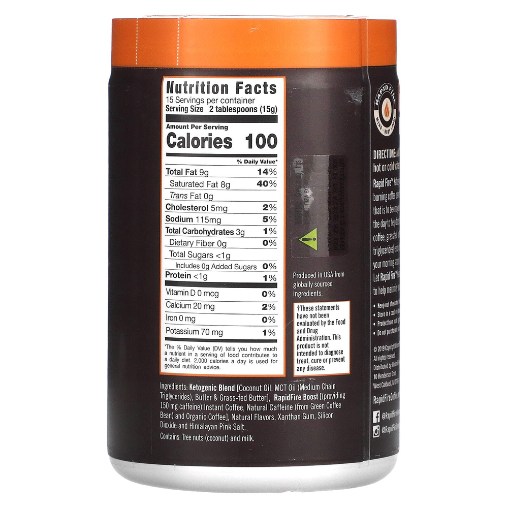 RAPIDFIRE, растворимый кетокофе, фундук, средней обжарки, 225 г (7,93 унции)