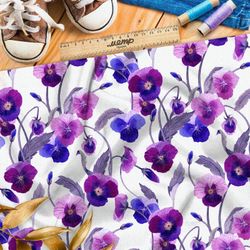 Ткань барби насыщенные фиолетовые анютины глазки на белом фоне