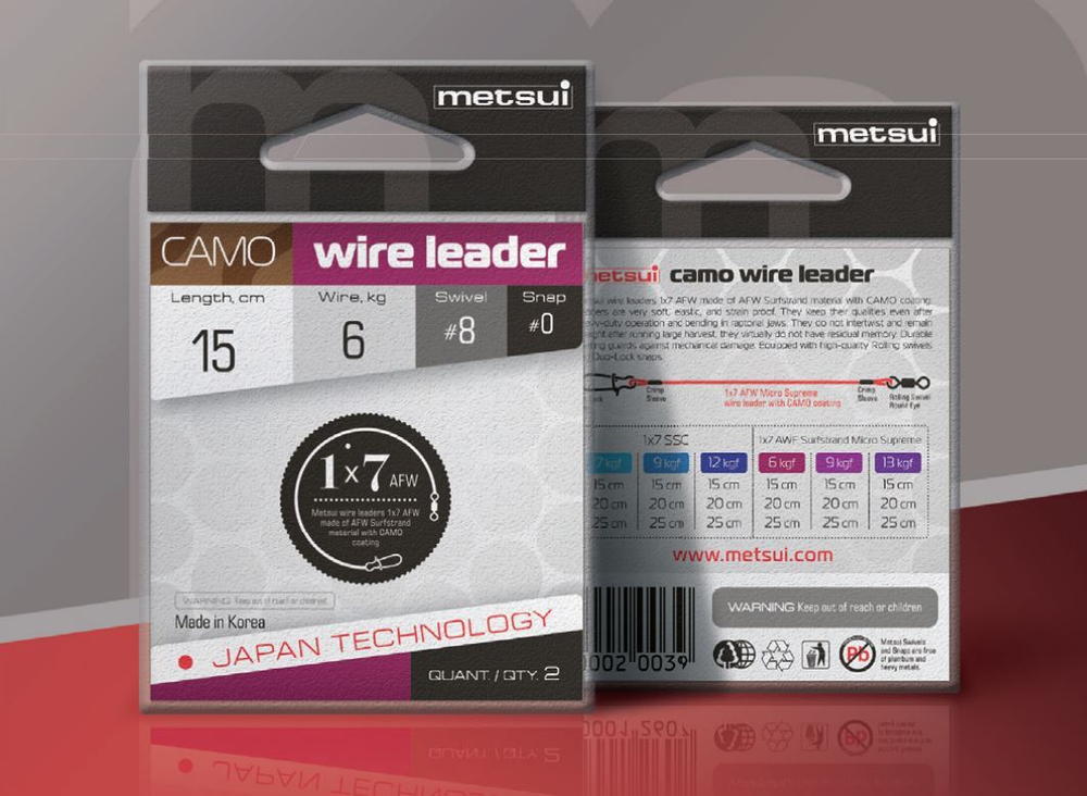 Поводки METSUI 1X7 CAMO WIRE LEADER AFW 15/20/25 см, 6/9/13 кг, по 5 упаковок