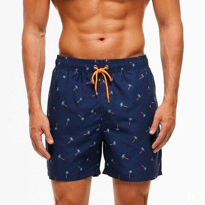 Темно-синие мужские пляжные шорты с принтом в виде пальм (Размер: M) (Цвет: темно-синий)