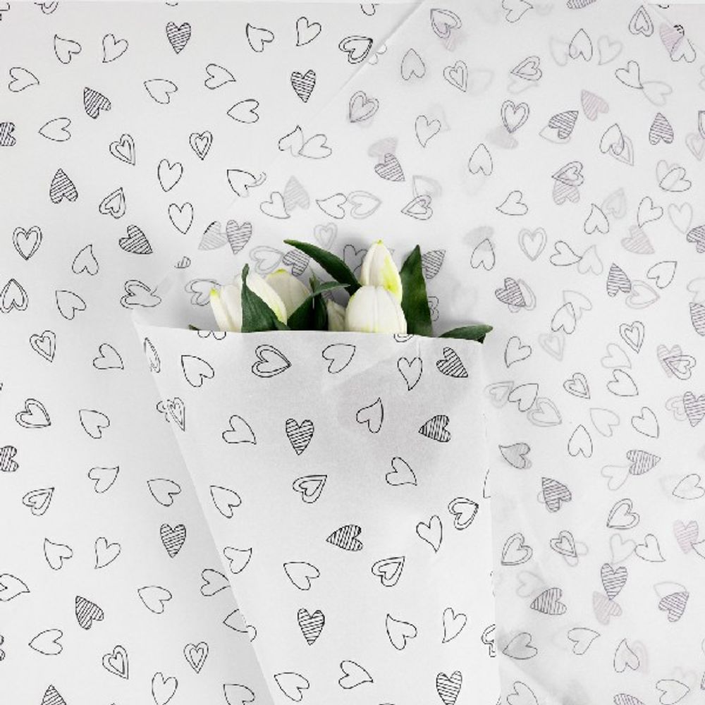 Бумага тишью "Разные сердца" 49*69см Черные на белом (20л)