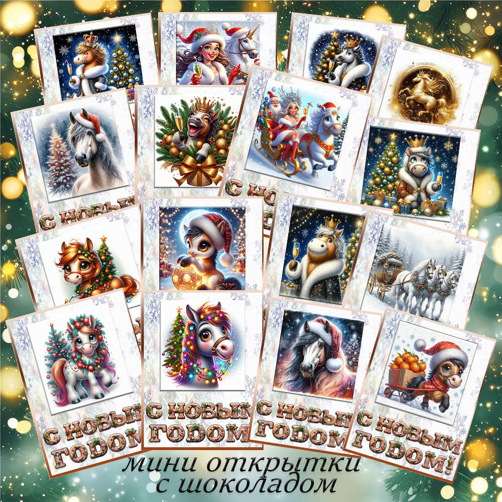 Мини открытка(5х6см) с мини-плиткой шоколада 5гр, С новым 2026 годом, 16шт