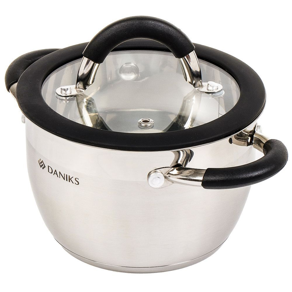 Кастрюля нерж, 1.9 л, с крыш, крышка стекло, Daniks, Орландо, GS-01435-16CA, серебр, индукц
