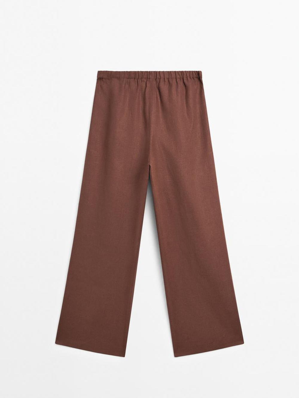 Massimo Dutti Брюки свободного кроя из 100% льна с широкими штанинами, коричневый