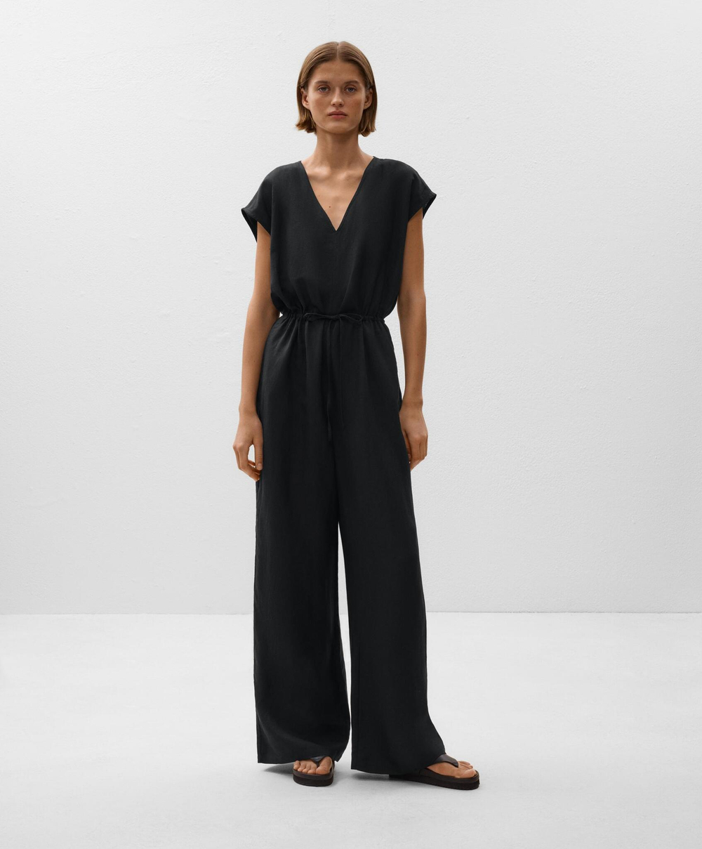 Oysho Длинный комбинезон из льна с рюшами на талии, черный