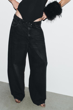 ZARA ДЖИНСЫ TRF СО СРЕДНЕЙ ПОСАДКОЙ И ОТВОРОТОМ НА ПОЯСЕ, ЧЕРНЫЙ