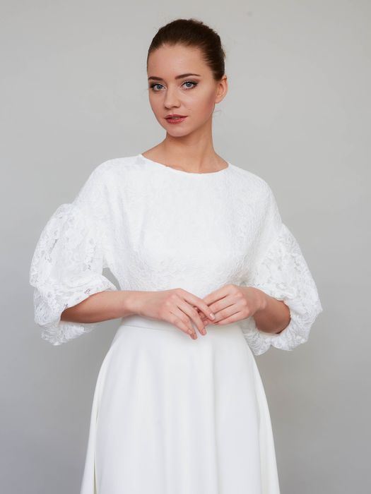 Свадебное платье с шифоновой юбкой и пышными рукавами длины макси (молочный)