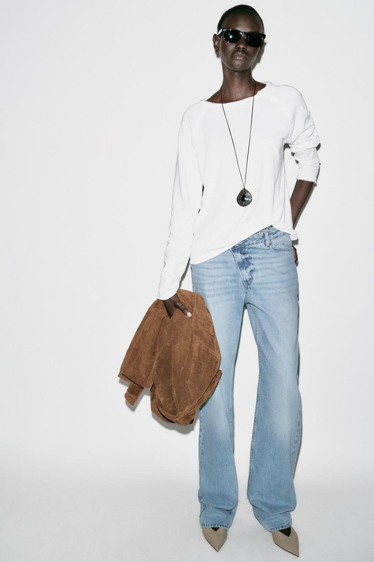 ZARA ФУТБОЛКА С ДЛИННЫМИ РУКАВАМИ, БЕЛЫЙ